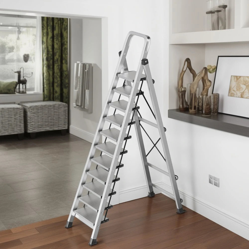 GROVIA 9/10/11/12-Step Aluminium Folding Ladder - 6cm Slim Design, 18cm Wide Non-Slip Pedal, Anti-Slip Feet - Silver