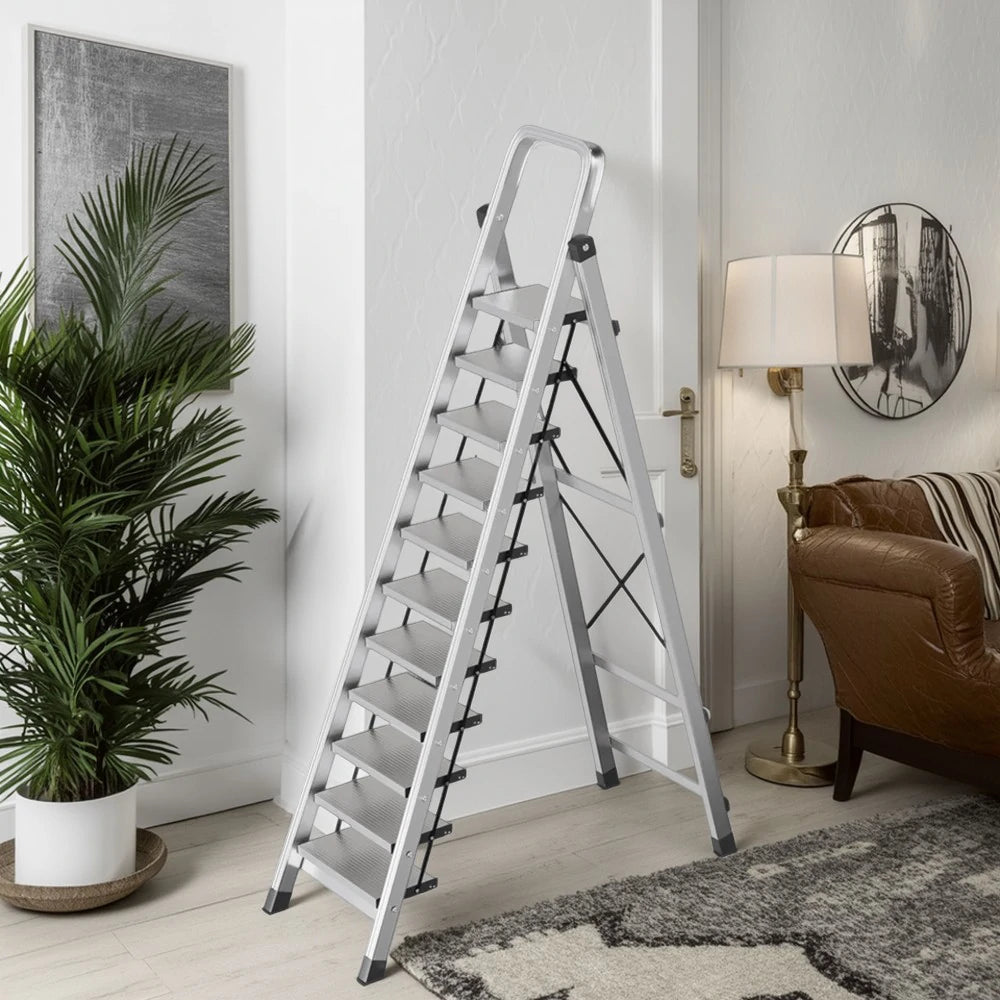 GROVIA 9/10/11/12-Step Aluminium Folding Ladder - 6cm Slim Design, 18cm Wide Non-Slip Pedal, Anti-Slip Feet - Silver