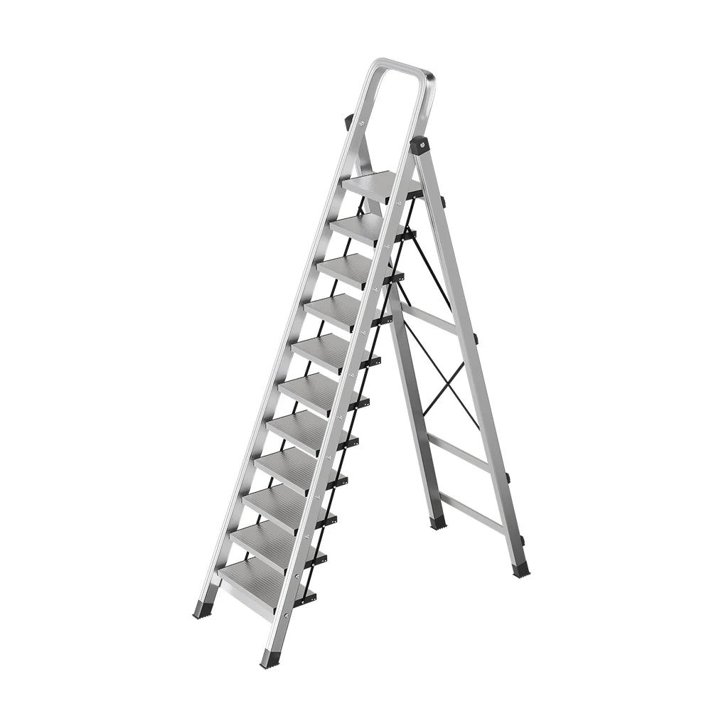 GROVIA 9/10/11/12-Step Aluminium Folding Ladder - 6cm Slim Design, 18cm Wide Non-Slip Pedal, Anti-Slip Feet - Silver