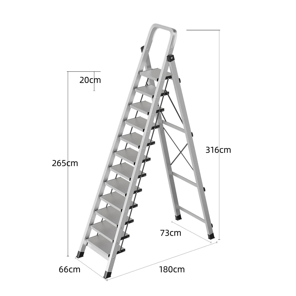 GROVIA 9/10/11/12-Step Aluminium Folding Ladder - 6cm Slim Design, 18cm Wide Non-Slip Pedal, Anti-Slip Feet - Silver