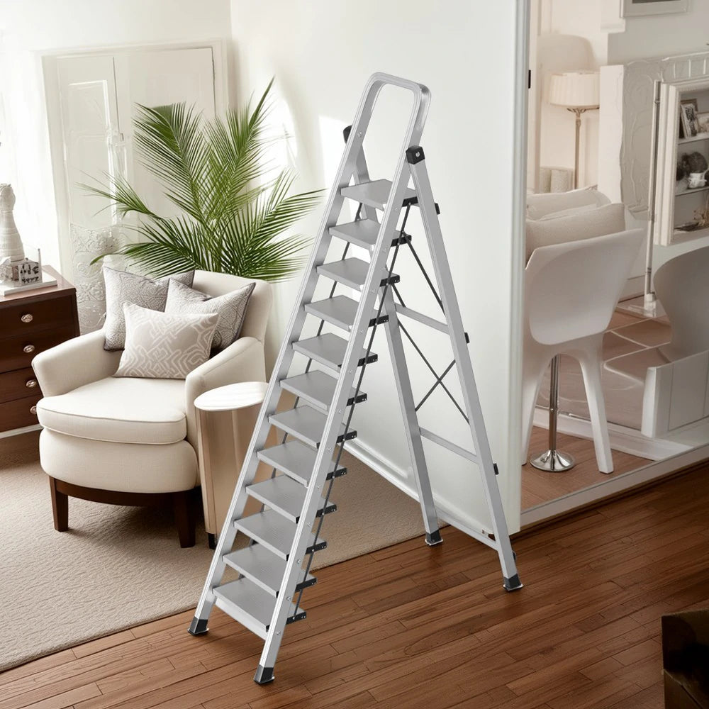 GROVIA 9/10/11/12-Step Aluminium Folding Ladder - 6cm Slim Design, 18cm Wide Non-Slip Pedal, Anti-Slip Feet - Silver