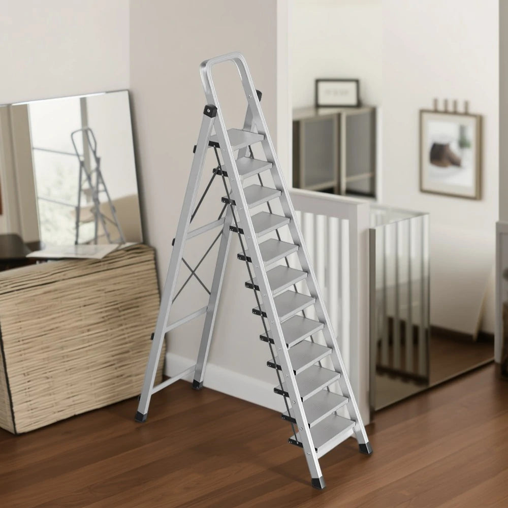GROVIA 9/10/11/12-Step Aluminium Folding Ladder - 6cm Slim Design, 18cm Wide Non-Slip Pedal, Anti-Slip Feet - Silver