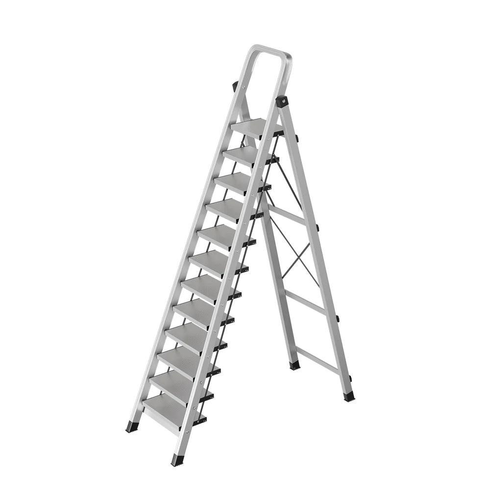 GROVIA 9/10/11/12-Step Aluminium Folding Ladder - 6cm Slim Design, 18cm Wide Non-Slip Pedal, Anti-Slip Feet - Silver