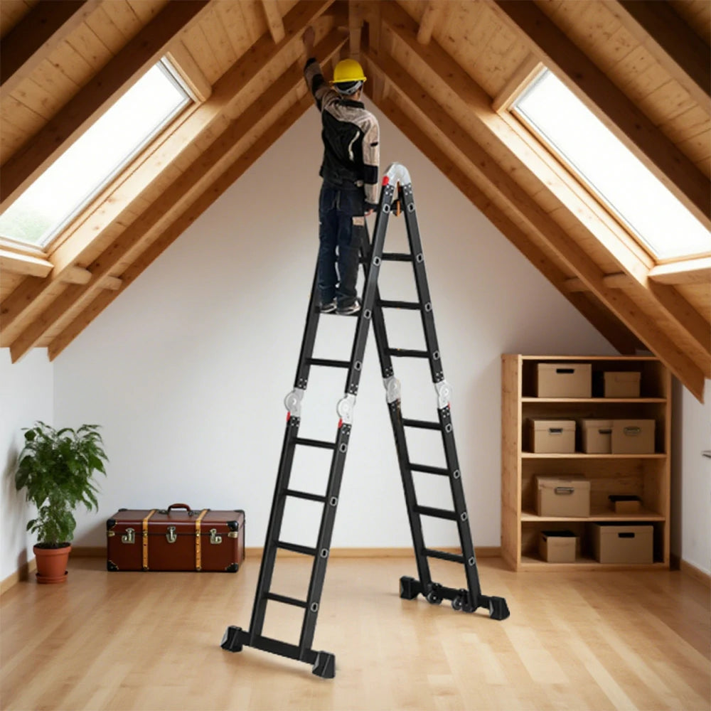 GROVIA 6/8/10 Step Multi-Purpose Folding Ladder, Heavy-Duty Hinges, Adjustable Configurations, Anti-Slip Base - Black