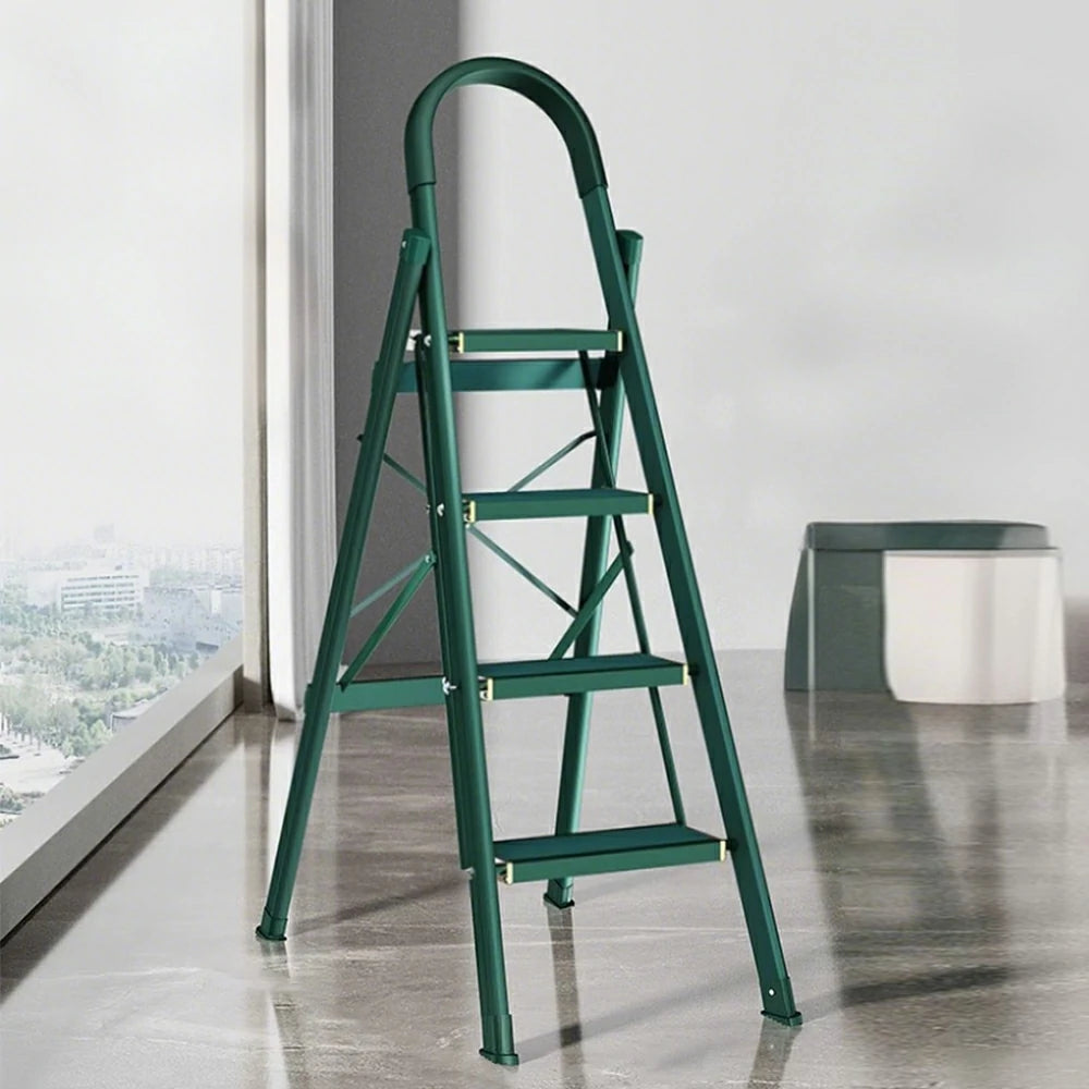 GROVIA 4/5/6-Step Aluminium Folding Ladder - 5cm Slim Design, 18cm Wide Non-Slip Pedal, Anti-Slip Feet - Green