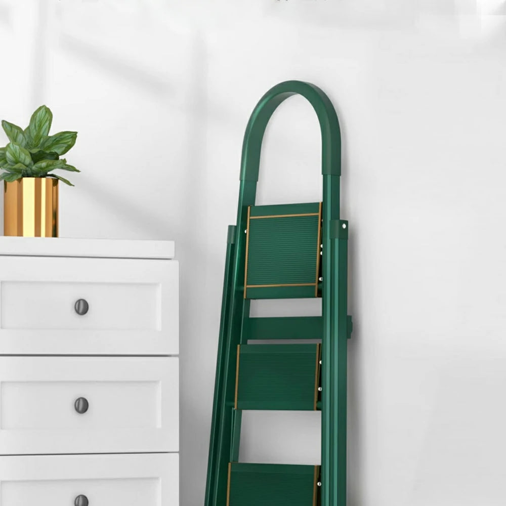 GROVIA 4/5/6-Step Aluminium Folding Ladder - 5cm Slim Design, 18cm Wide Non-Slip Pedal, Anti-Slip Feet - Green