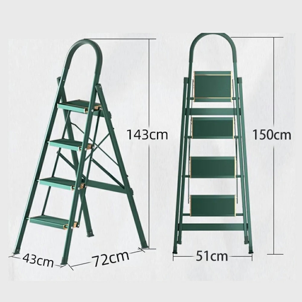 GROVIA 4/5/6-Step Aluminium Folding Ladder - 5cm Slim Design, 18cm Wide Non-Slip Pedal, Anti-Slip Feet - Green