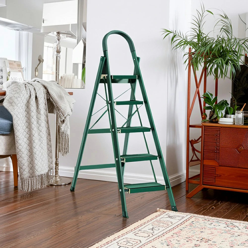 GROVIA 4/5/6-Step Aluminium Folding Ladder - 5cm Slim Design, 18cm Wide Non-Slip Pedal, Anti-Slip Feet - Green