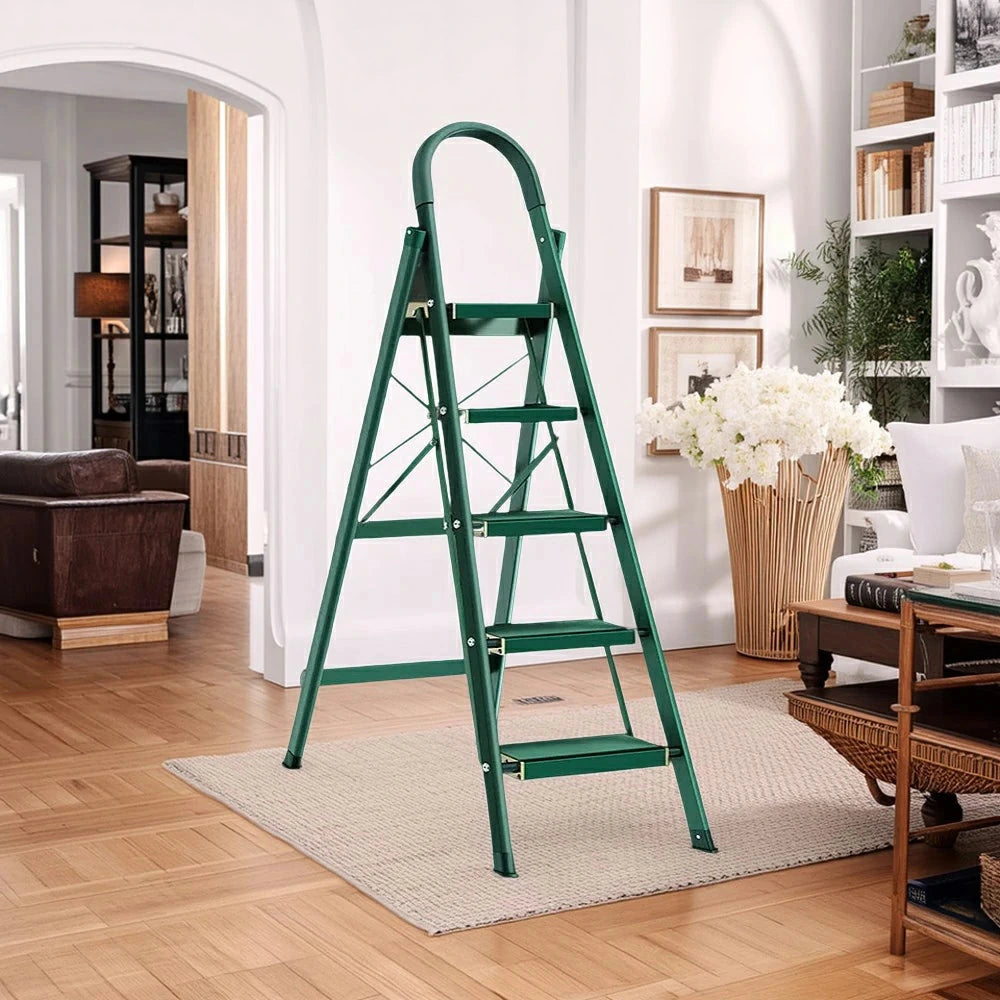 GROVIA 4/5/6-Step Aluminium Folding Ladder - 5cm Slim Design, 18cm Wide Non-Slip Pedal, Anti-Slip Feet - Green