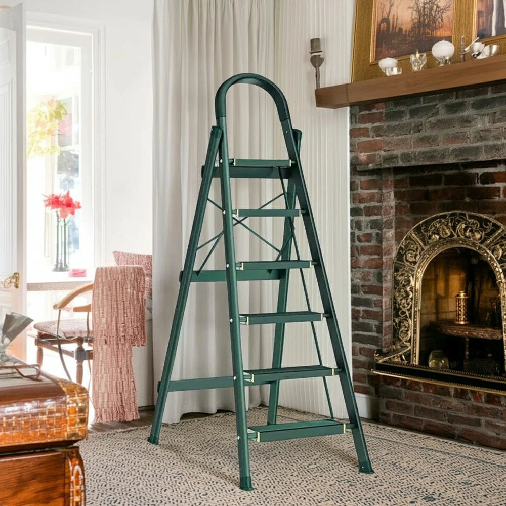 GROVIA 4/5/6-Step Aluminium Folding Ladder - 5cm Slim Design, 18cm Wide Non-Slip Pedal, Anti-Slip Feet - Green