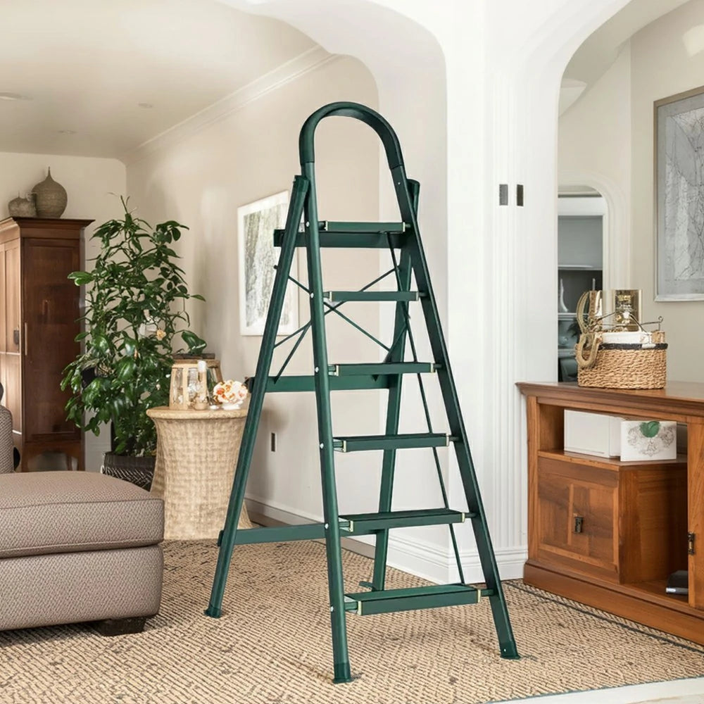 GROVIA 4/5/6-Step Aluminium Folding Ladder - 5cm Slim Design, 18cm Wide Non-Slip Pedal, Anti-Slip Feet - Green