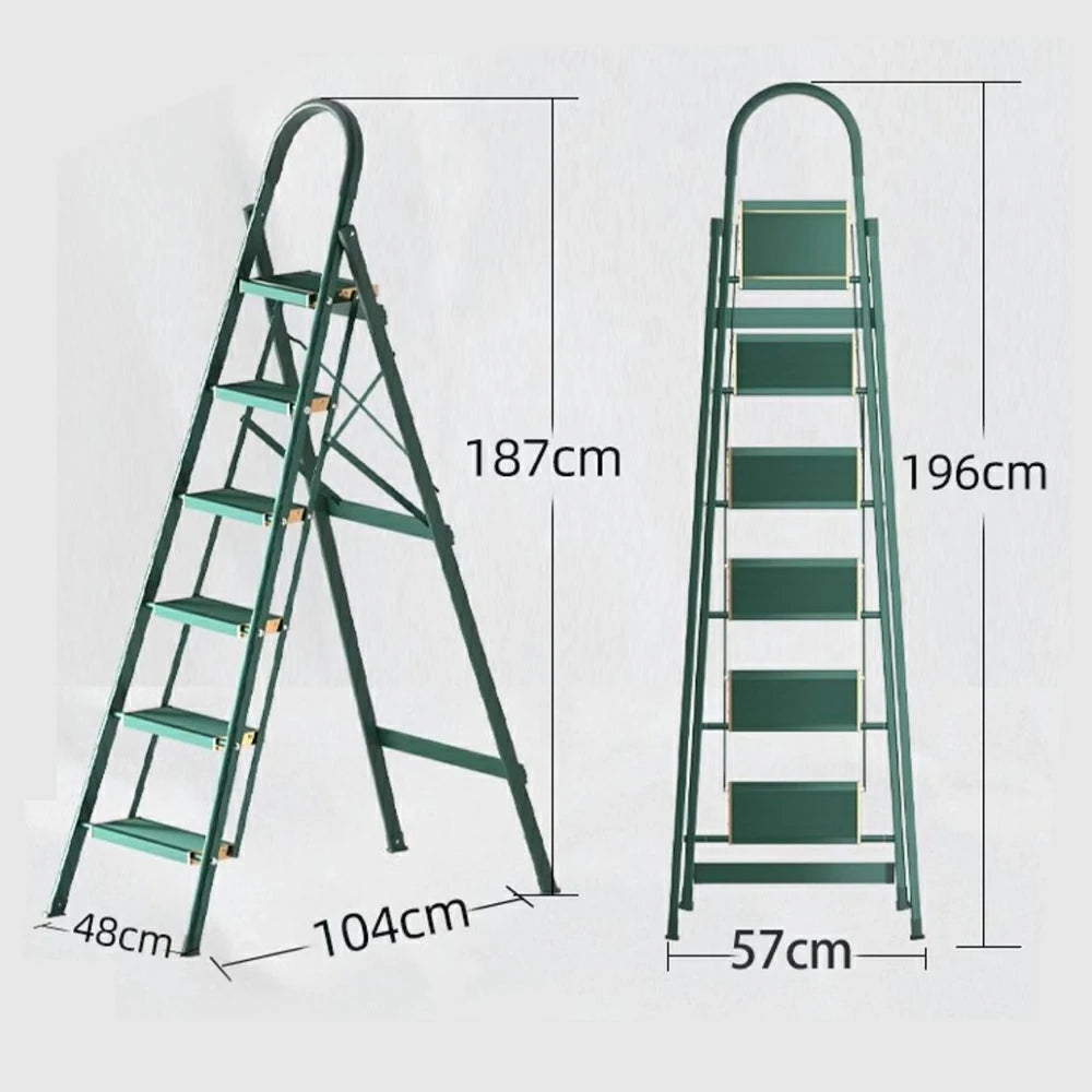 GROVIA 4/5/6-Step Aluminium Folding Ladder - 5cm Slim Design, 18cm Wide Non-Slip Pedal, Anti-Slip Feet - Green