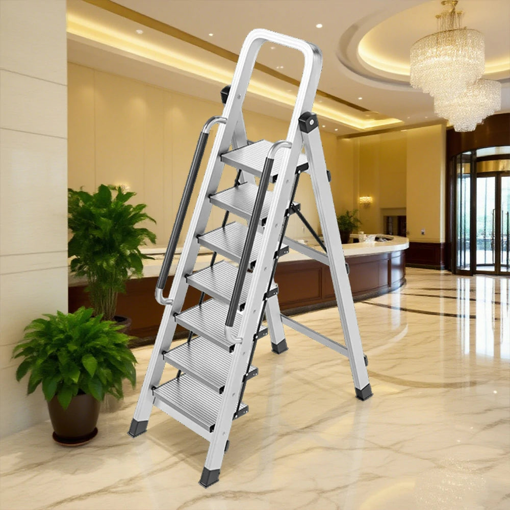 GROVIA 7/8/9 Step Aluminum Alloy Folding Ladder with Handrails, Anti-Slip Design, Extra-Wide Pedals, Durable