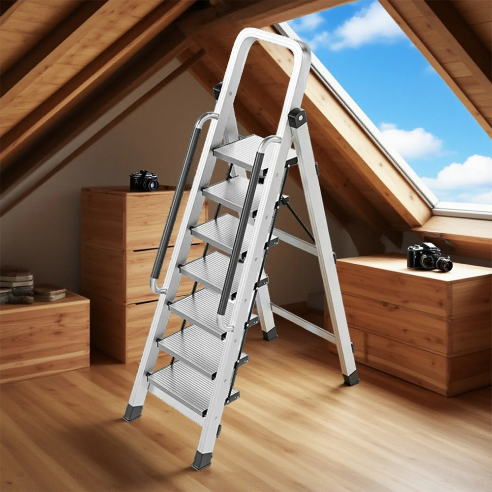 GROVIA 7/8/9 Step Aluminum Alloy Folding Ladder with Handrails, Anti-Slip Design, Extra-Wide Pedals, Durable