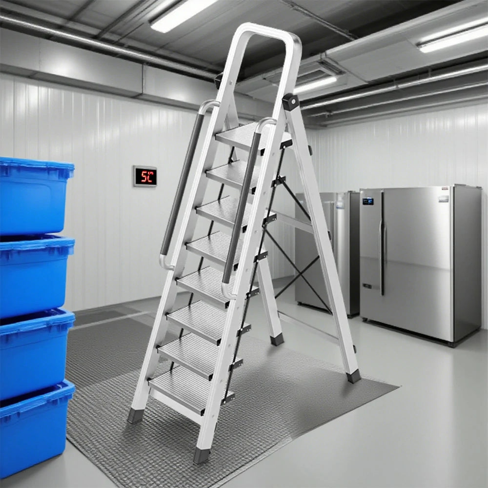 GROVIA 7/8/9 Step Aluminum Alloy Folding Ladder with Handrails, Anti-Slip Design, Extra-Wide Pedals, Durable