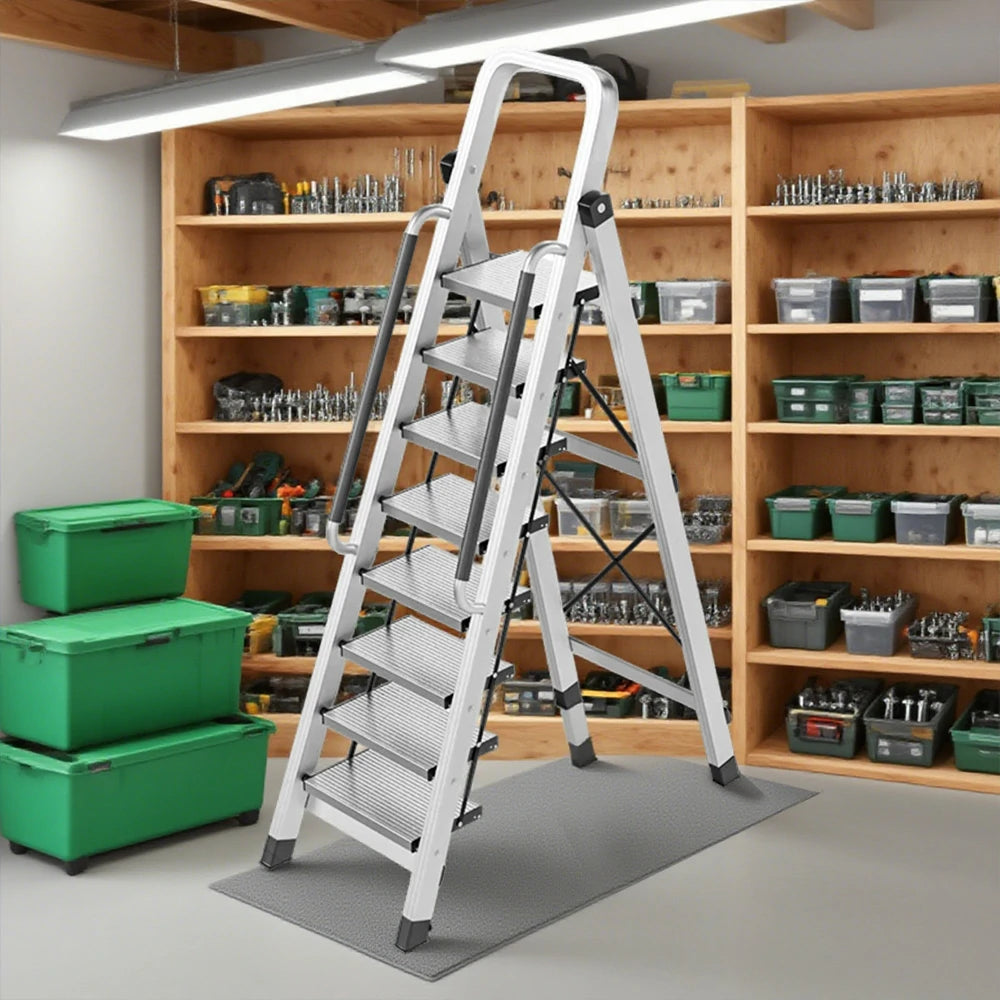 GROVIA 7/8/9 Step Aluminum Alloy Folding Ladder with Handrails, Anti-Slip Design, Extra-Wide Pedals, Durable