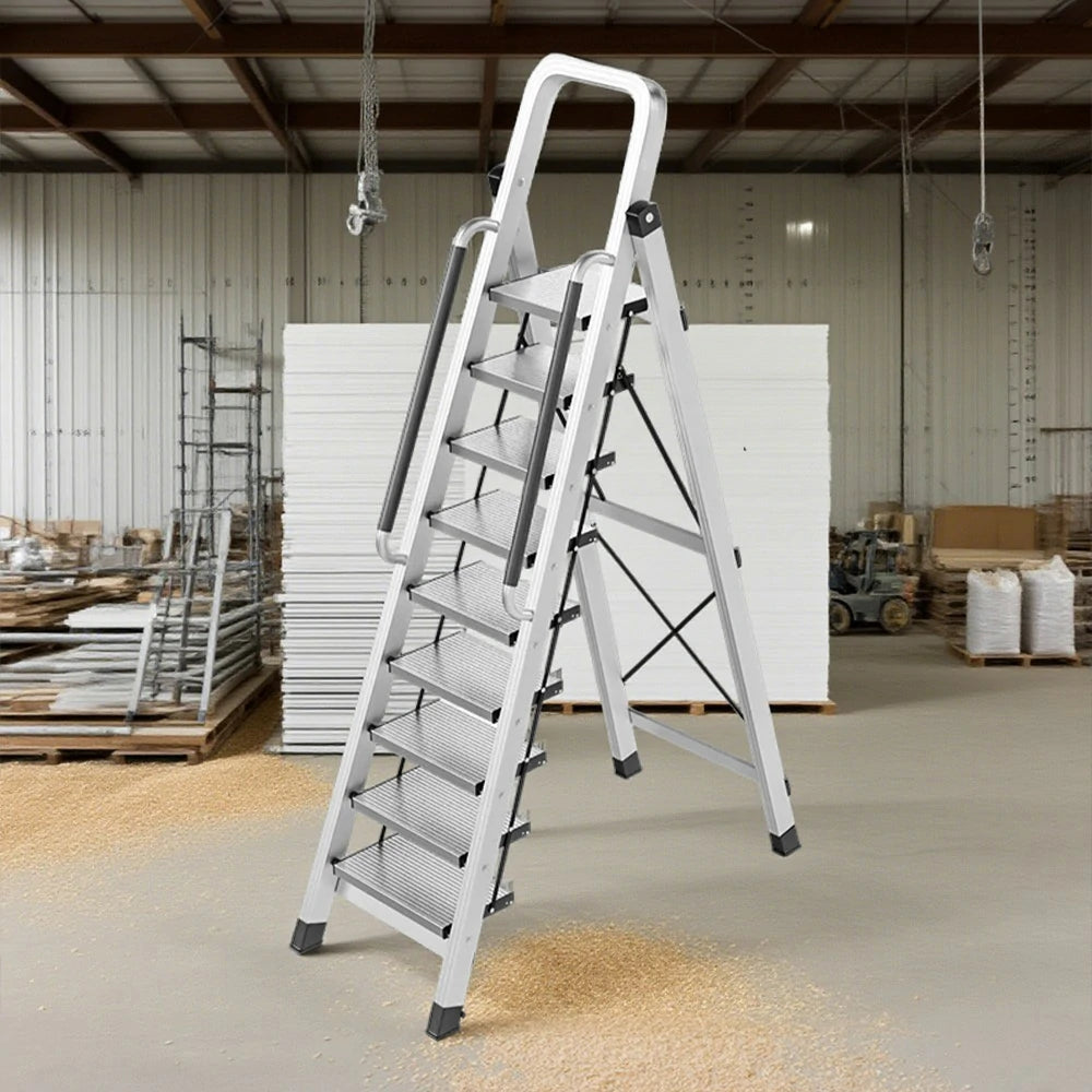 GROVIA 7/8/9 Step Aluminum Alloy Folding Ladder with Handrails, Anti-Slip Design, Extra-Wide Pedals, Durable