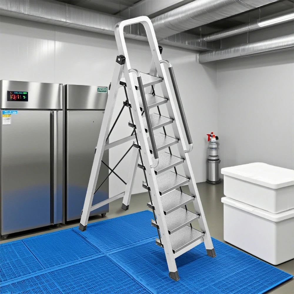 GROVIA 7/8/9 Step Aluminum Alloy Folding Ladder with Handrails, Anti-Slip Design, Extra-Wide Pedals, Durable