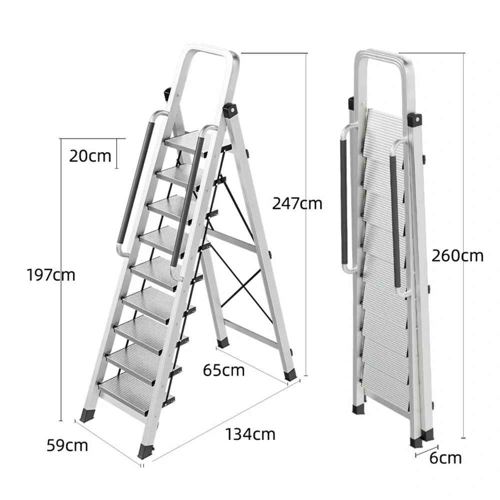 GROVIA 7/8/9 Step Aluminum Alloy Folding Ladder with Handrails, Anti-Slip Design, Extra-Wide Pedals, Durable
