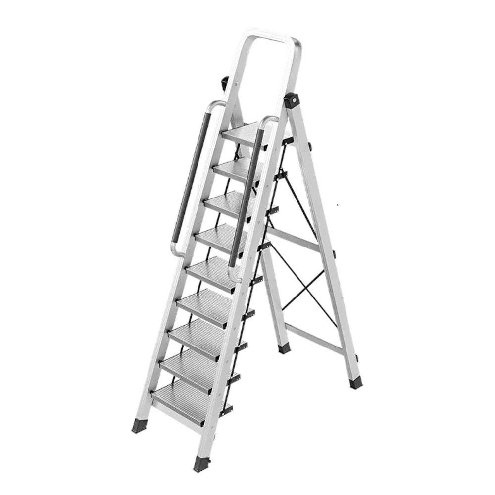 GROVIA 7/8/9 Step Aluminum Alloy Folding Ladder with Handrails, Anti-Slip Design, Extra-Wide Pedals, Durable