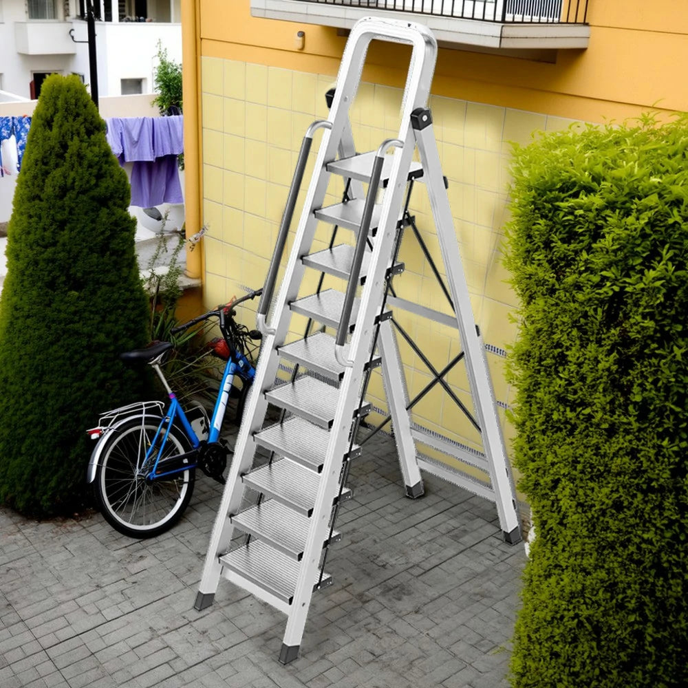 GROVIA 10/11/12 Step Aluminum Alloy Folding Ladder with Handrails, Anti-Slip Design, Extra-Wide Pedals, Durable