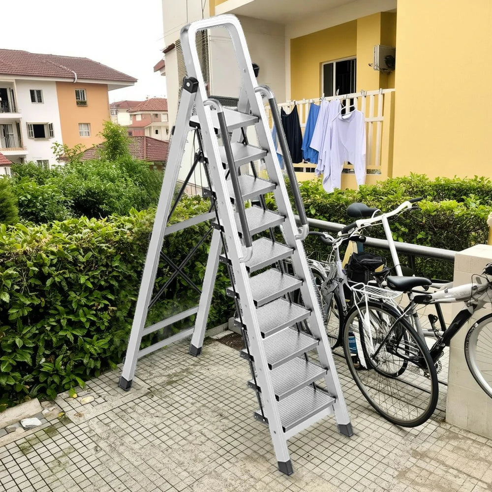 GROVIA 10/11/12 Step Aluminum Alloy Folding Ladder with Handrails, Anti-Slip Design, Extra-Wide Pedals, Durable