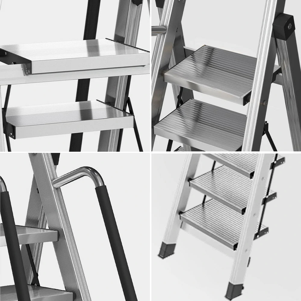 GROVIA 10/11/12 Step Aluminum Alloy Folding Ladder with Handrails, Anti-Slip Design, Extra-Wide Pedals, Durable