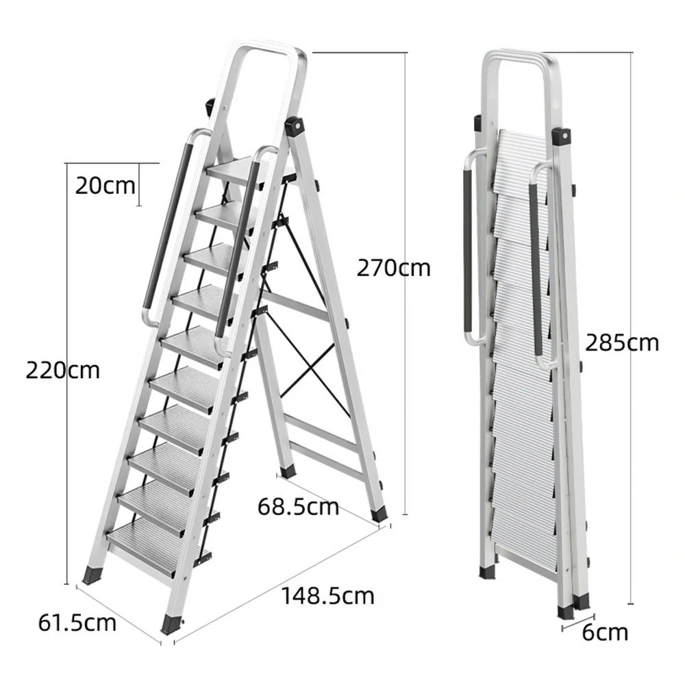 GROVIA 10/11/12 Step Aluminum Alloy Folding Ladder with Handrails, Anti-Slip Design, Extra-Wide Pedals, Durable