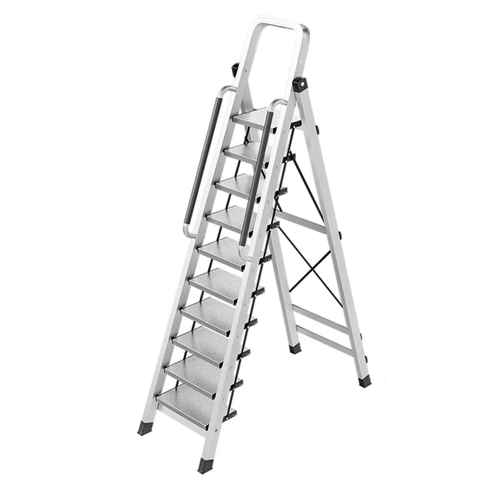 GROVIA 10/11/12 Step Aluminum Alloy Folding Ladder with Handrails, Anti-Slip Design, Extra-Wide Pedals, Durable