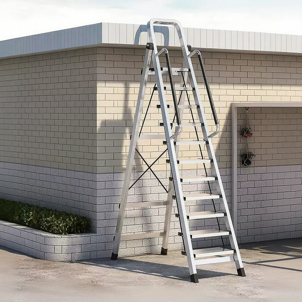 GROVIA 10/11/12 Step Aluminum Alloy Folding Ladder with Handrails, Anti-Slip Design, Extra-Wide Pedals, Durable