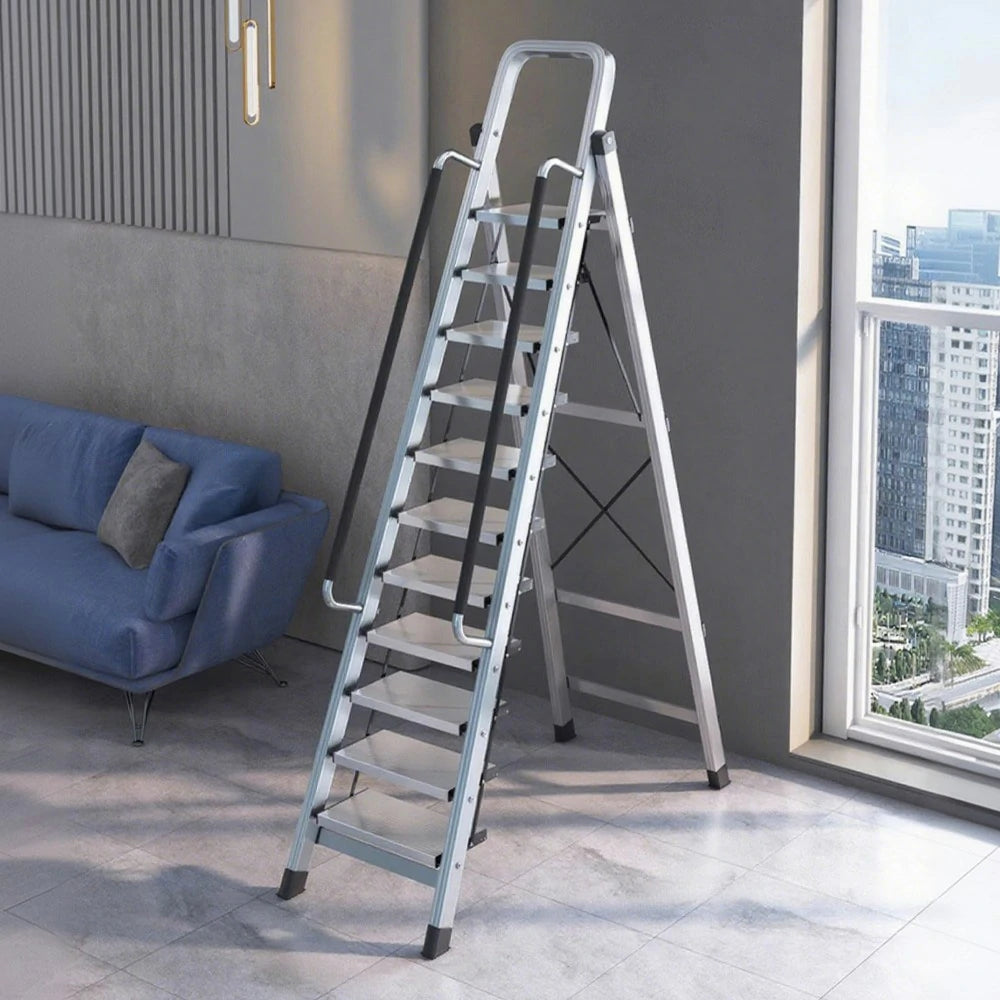 GROVIA 10/11/12 Step Aluminum Alloy Folding Ladder with Handrails, Anti-Slip Design, Extra-Wide Pedals, Durable