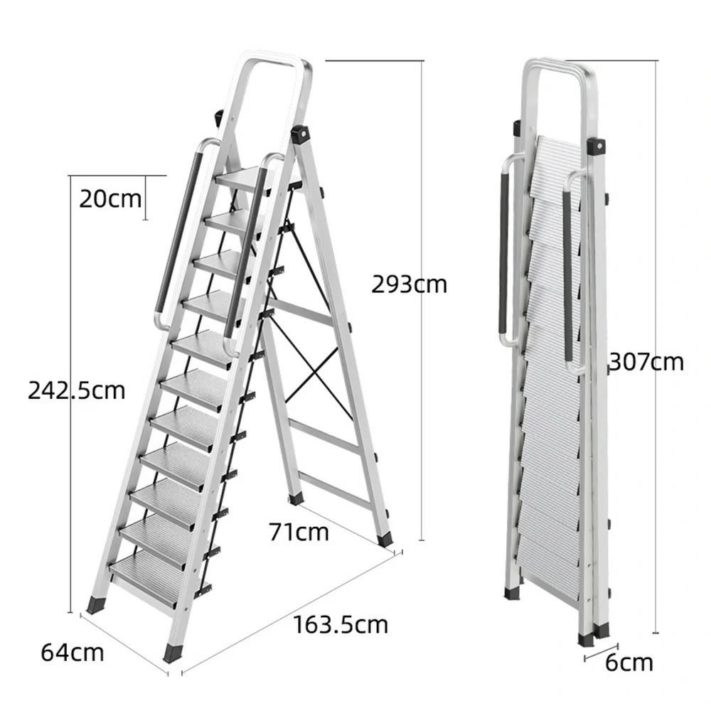 GROVIA 10/11/12 Step Aluminum Alloy Folding Ladder with Handrails, Anti-Slip Design, Extra-Wide Pedals, Durable