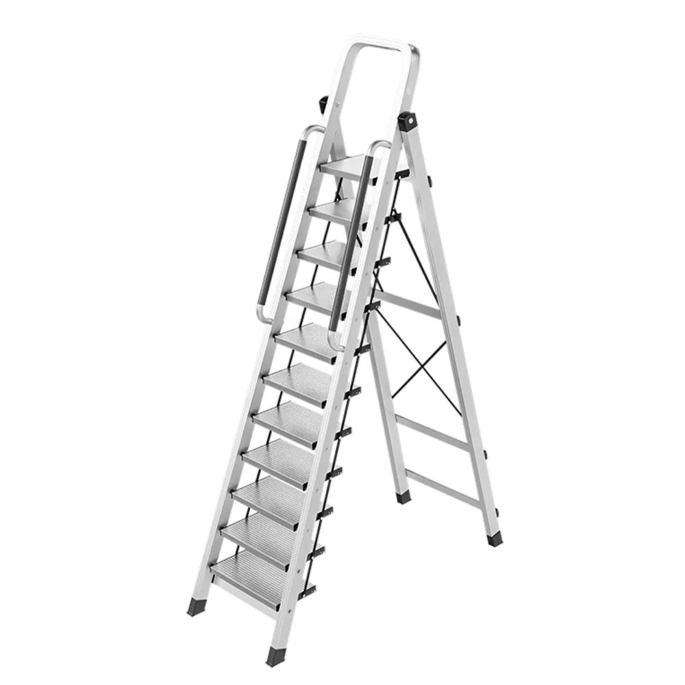 GROVIA 10/11/12 Step Aluminum Alloy Folding Ladder with Handrails, Anti-Slip Design, Extra-Wide Pedals, Durable