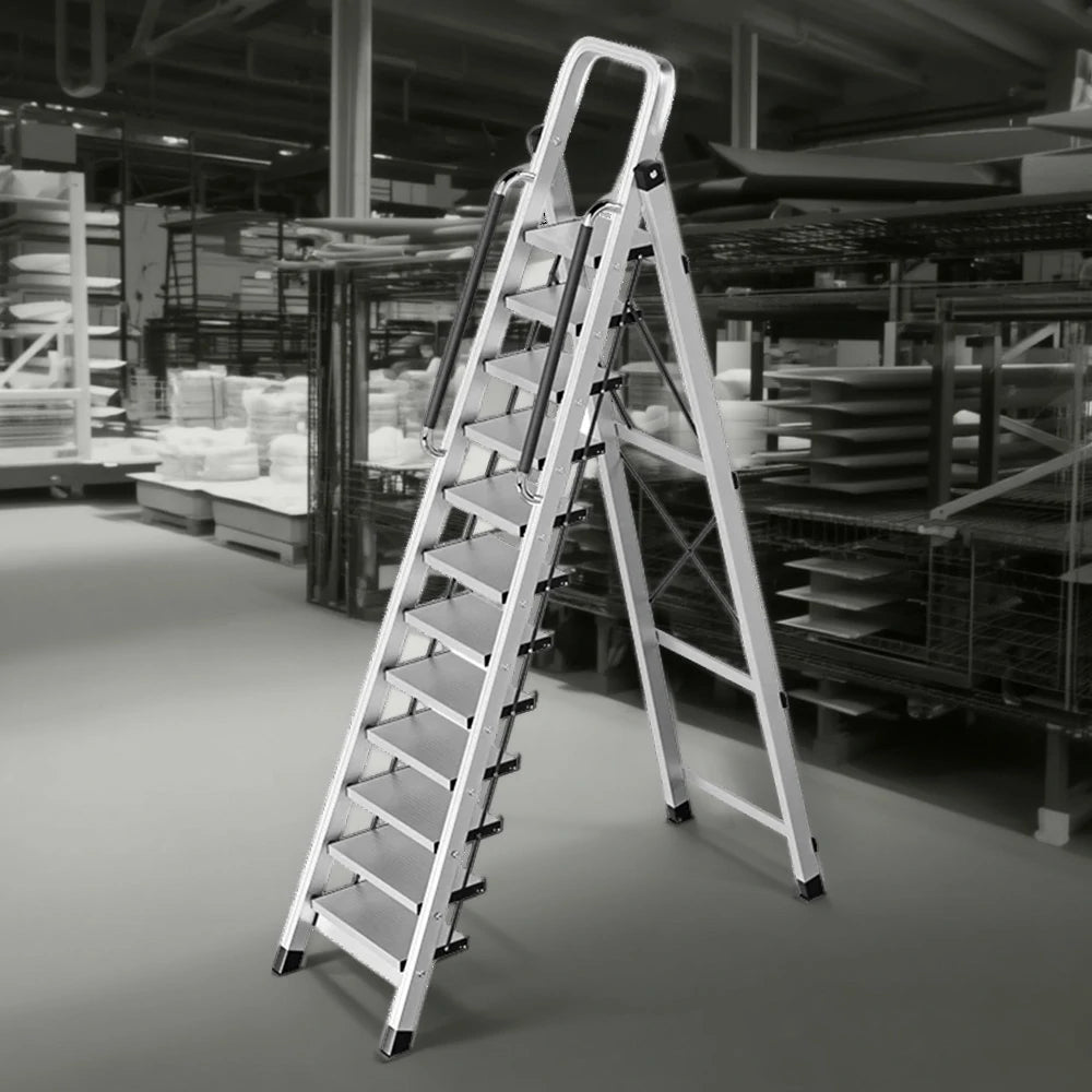 GROVIA 10/11/12 Step Aluminum Alloy Folding Ladder with Handrails, Anti-Slip Design, Extra-Wide Pedals, Durable