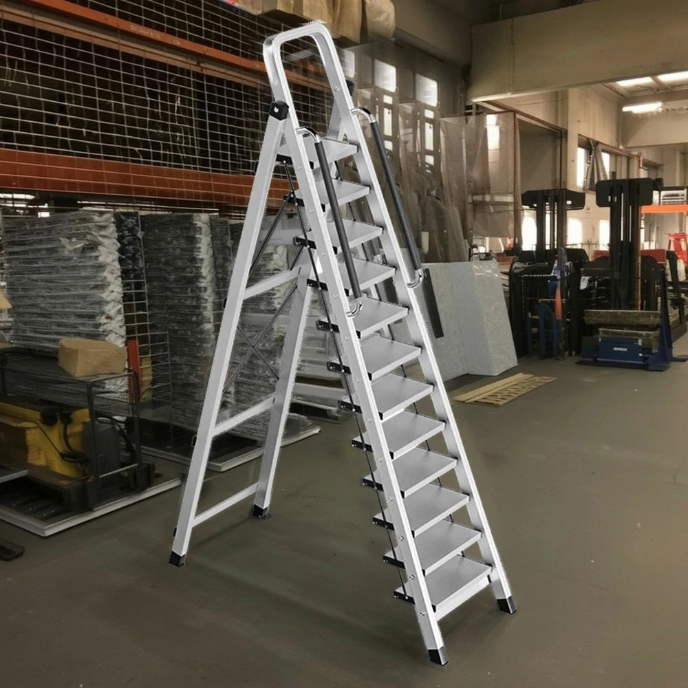 GROVIA 10/11/12 Step Aluminum Alloy Folding Ladder with Handrails, Anti-Slip Design, Extra-Wide Pedals, Durable