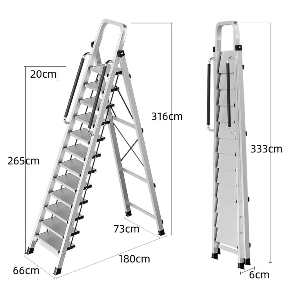 GROVIA 10/11/12 Step Aluminum Alloy Folding Ladder with Handrails, Anti-Slip Design, Extra-Wide Pedals, Durable