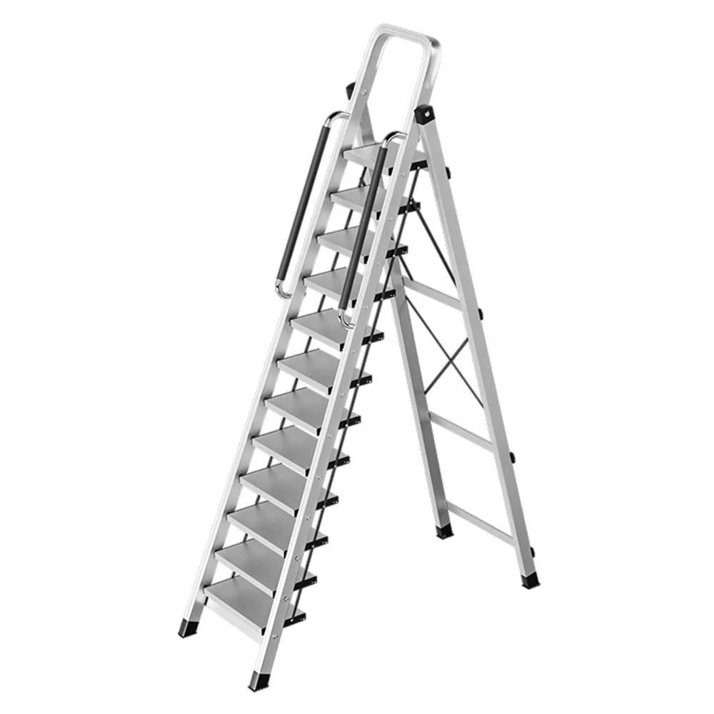 GROVIA 10/11/12 Step Aluminum Alloy Folding Ladder with Handrails, Anti-Slip Design, Extra-Wide Pedals, Durable