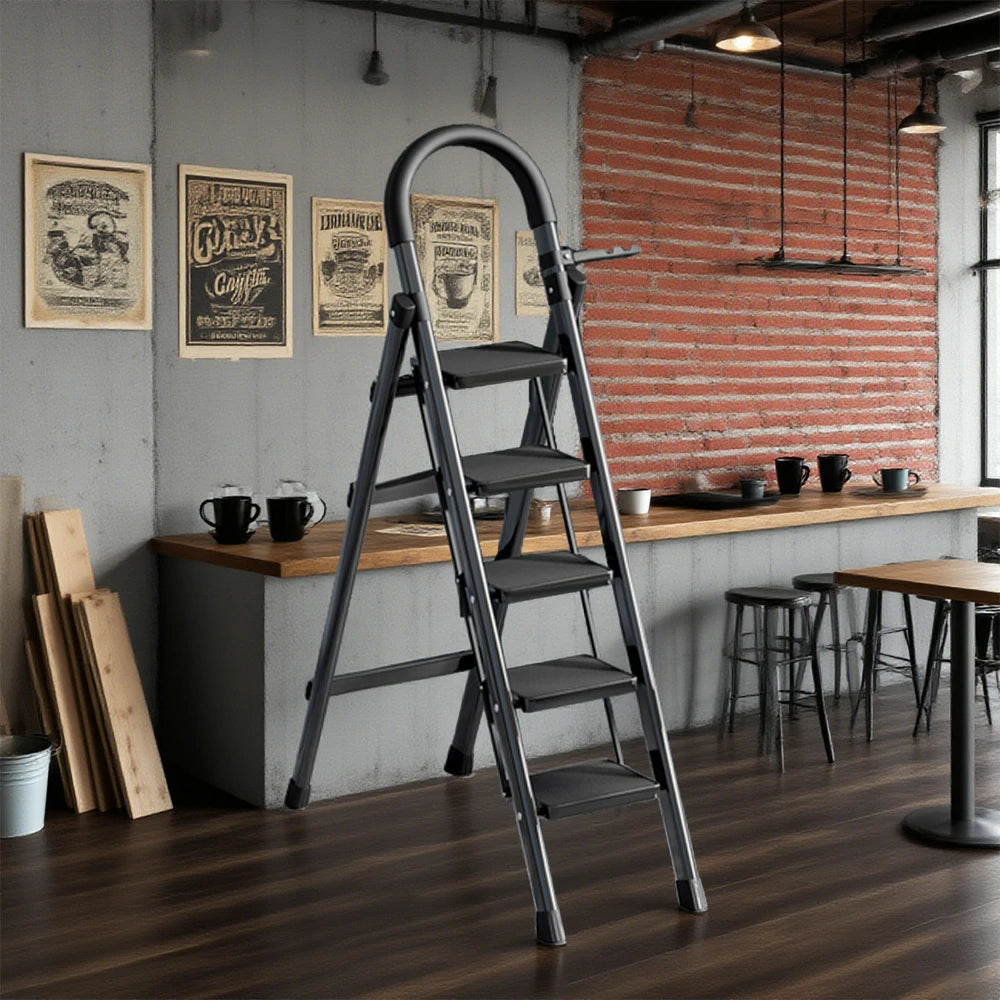 GROVIA 5/6 Step Lightweight Aluminum Alloy Ladder, Extra-Wide Pedals - Black