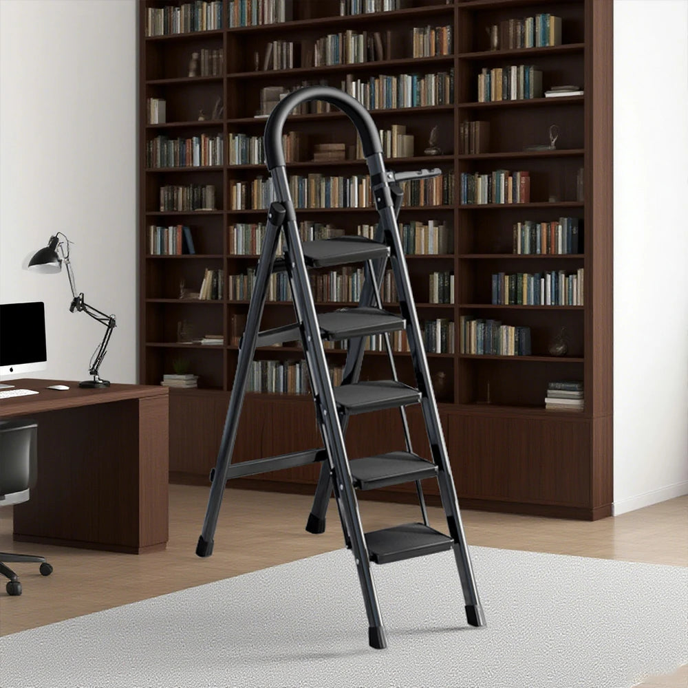 GROVIA 5/6 Step Lightweight Aluminum Alloy Ladder, Extra-Wide Pedals - Black