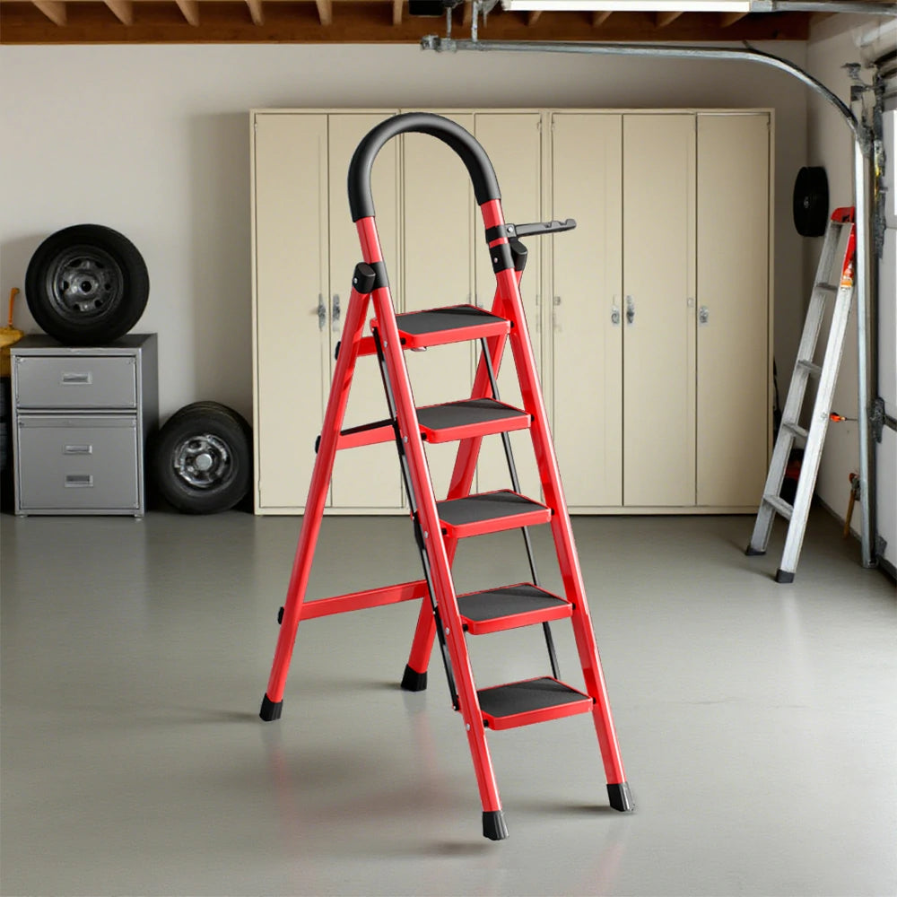 GROVIA 5/6 Step Lightweight Aluminum Alloy Ladder, Extra-Wide Pedals - Red