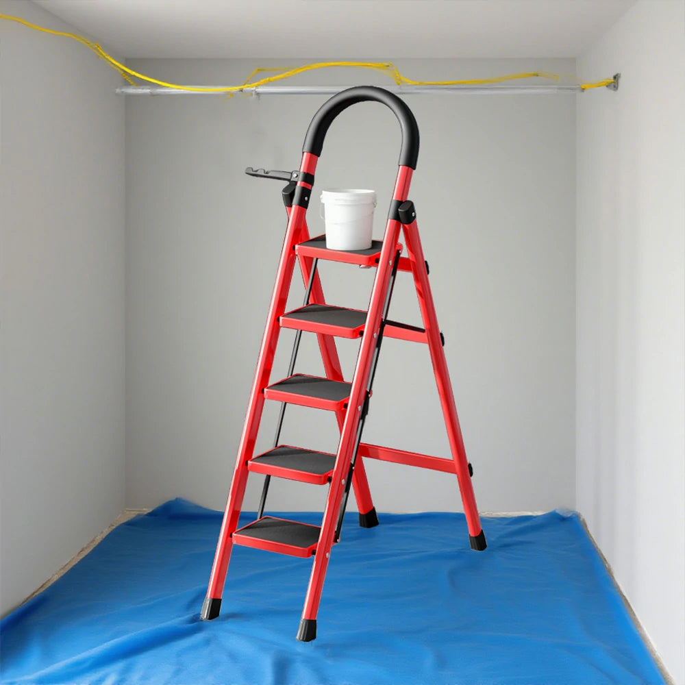 GROVIA 5/6 Step Lightweight Aluminum Alloy Ladder, Extra-Wide Pedals - Red