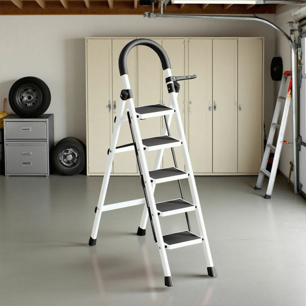 GROVIA 5/6 Step Lightweight Aluminum Alloy Ladder, Extra-Wide Pedals - White