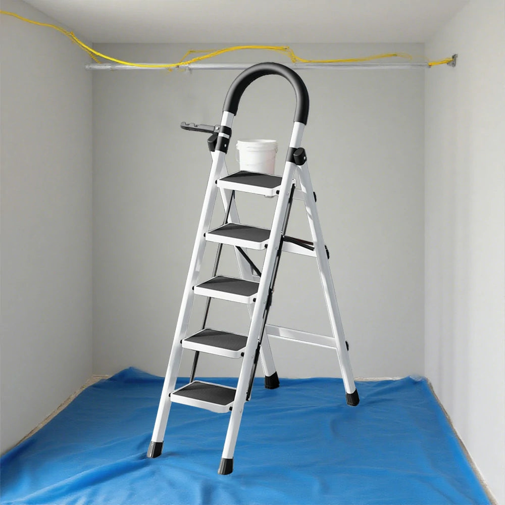 GROVIA 5/6 Step Lightweight Aluminum Alloy Ladder, Extra-Wide Pedals - White