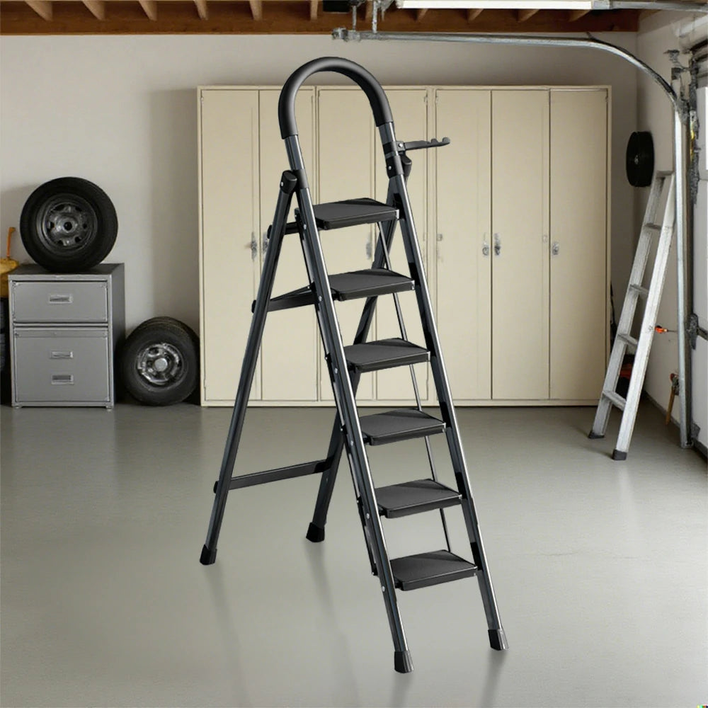 GROVIA 5/6 Step Lightweight Aluminum Alloy Ladder, Extra-Wide Pedals - Black