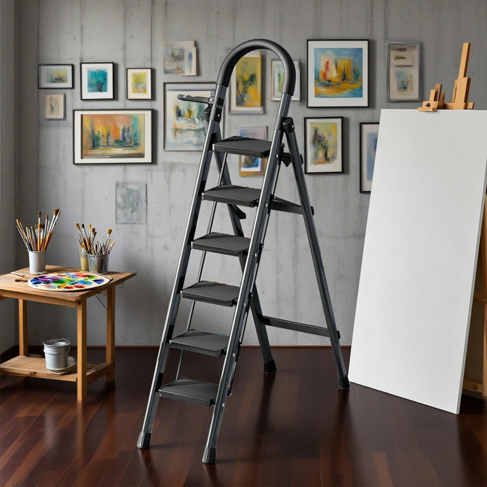 GROVIA 5/6 Step Lightweight Aluminum Alloy Ladder, Extra-Wide Pedals - Black