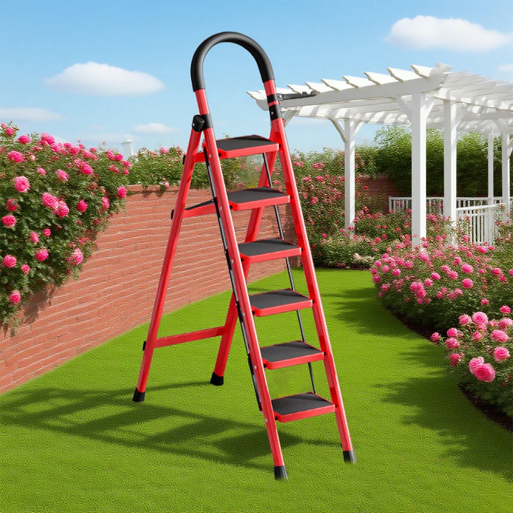 GROVIA 5/6 Step Lightweight Aluminum Alloy Ladder, Extra-Wide Pedals - Red