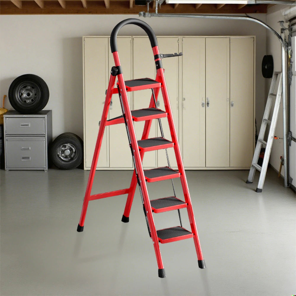 GROVIA 5/6 Step Lightweight Aluminum Alloy Ladder, Extra-Wide Pedals - Red
