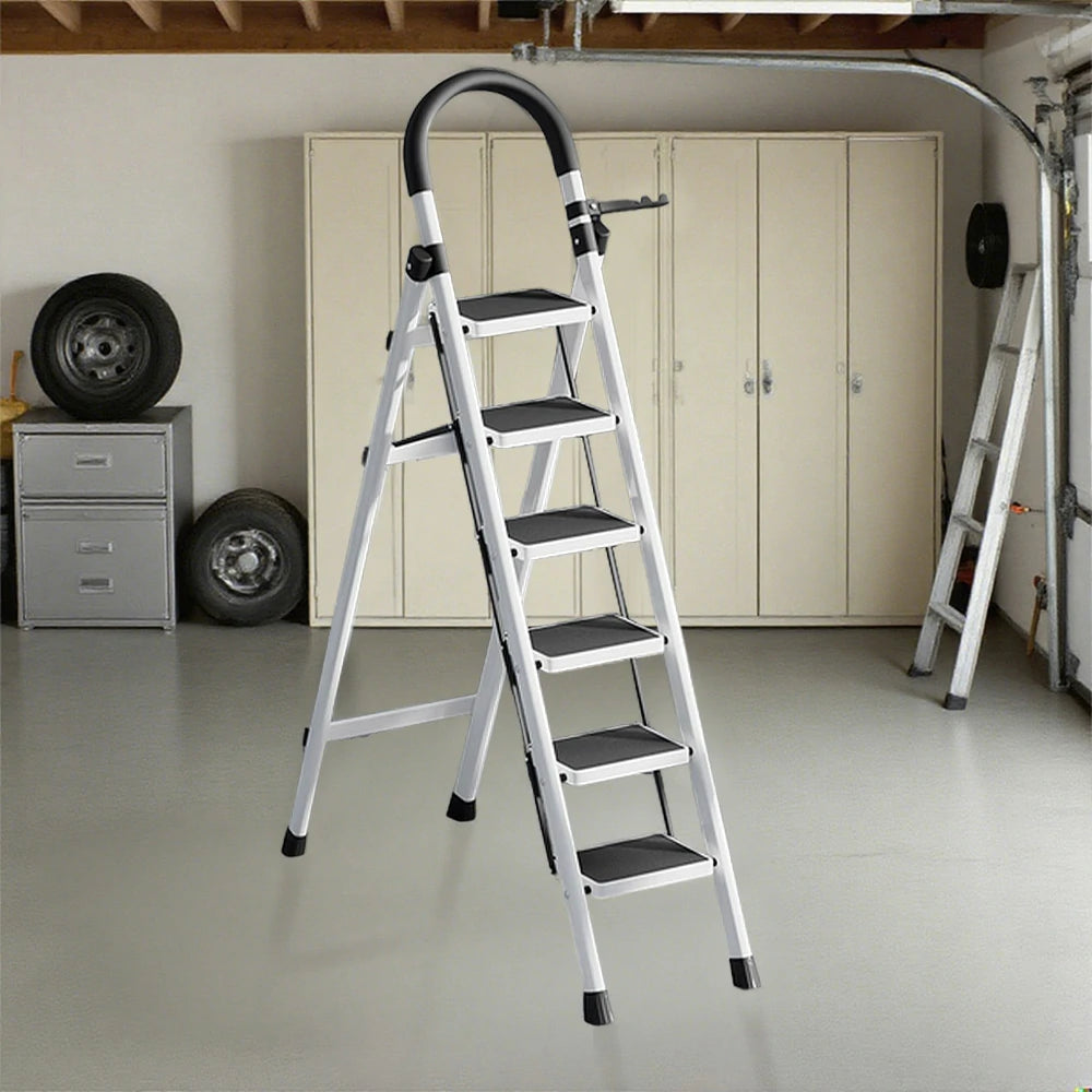 GROVIA 5/6 Step Lightweight Aluminum Alloy Ladder, Extra-Wide Pedals - White