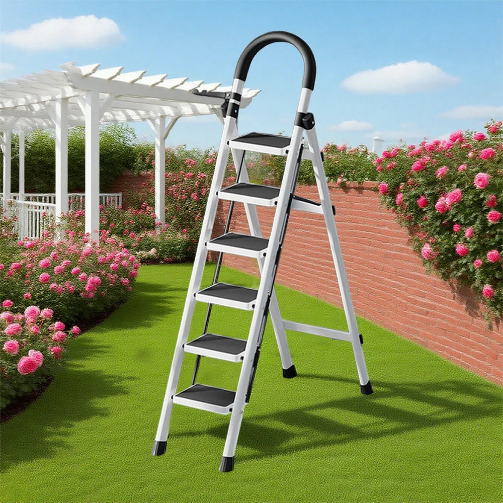 GROVIA 5/6 Step Lightweight Aluminum Alloy Ladder, Extra-Wide Pedals - White