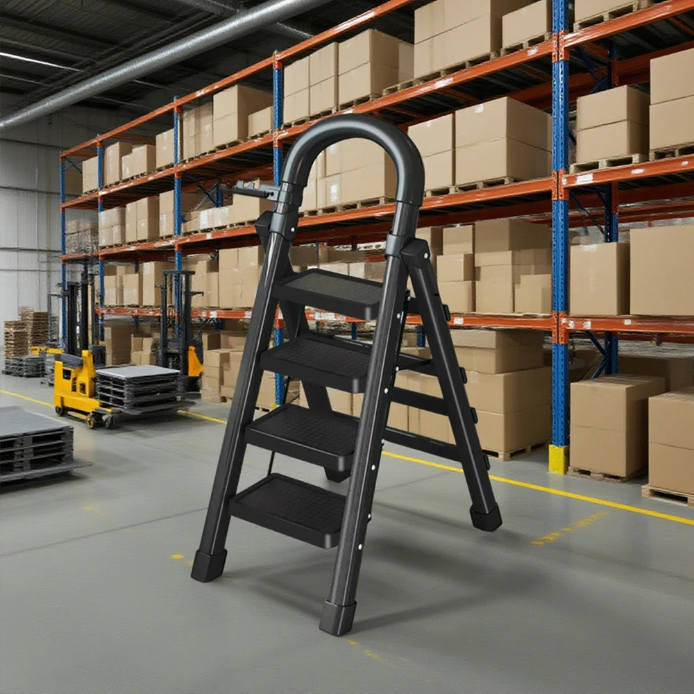 GROVIA 4/5/6 Step Carbon Alloy Steel Folding Ladder, Extra-Wide 27cm Pedals, Tool Tray, Anti-Slip Feet, Heavy-Duty Design - Black